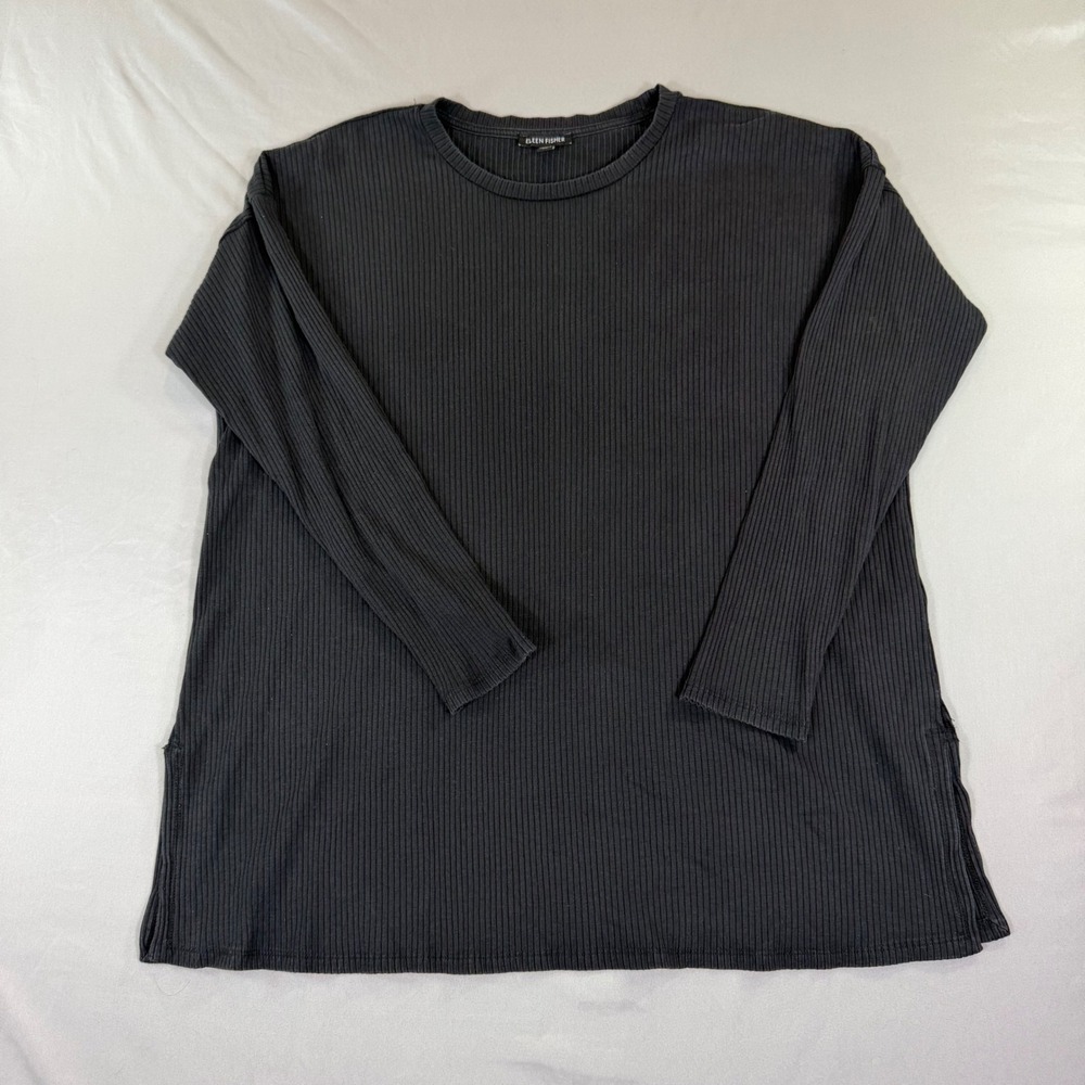 Eileen Fisher Black Ribbed Tencel Organic Cotton Tunic Top Large Minimalist